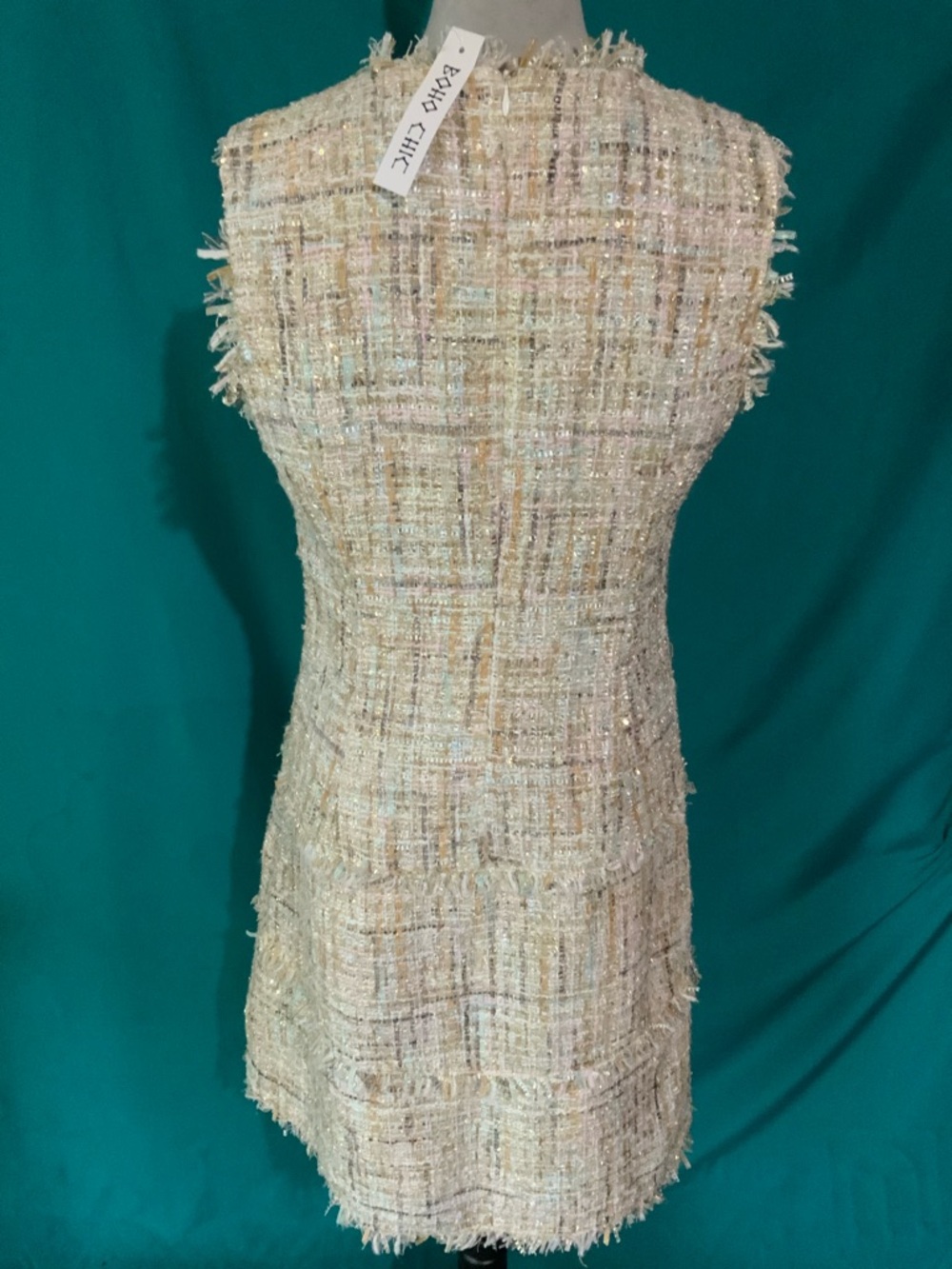BOHO CHIC Sleeveless Ivory Boucle Tweed Mini Dress with Jeweled Neckline - Picture 2 of 4